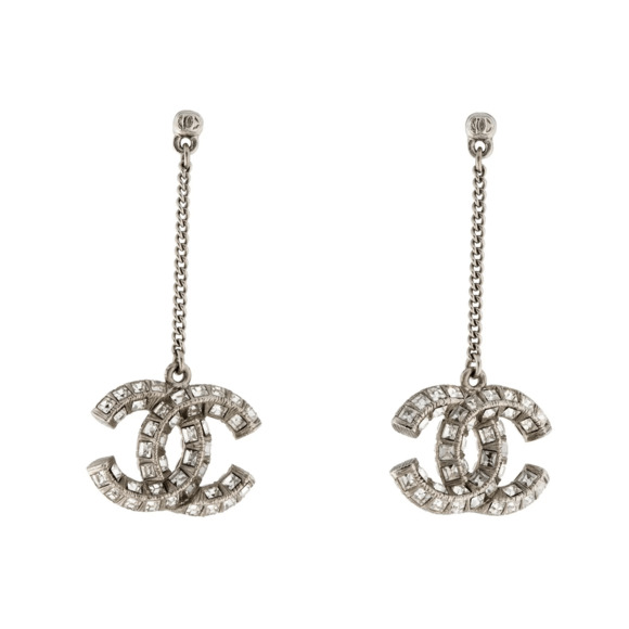 Chanel Silver-tone 2022 Strass Interlocking CC Drop Earrings